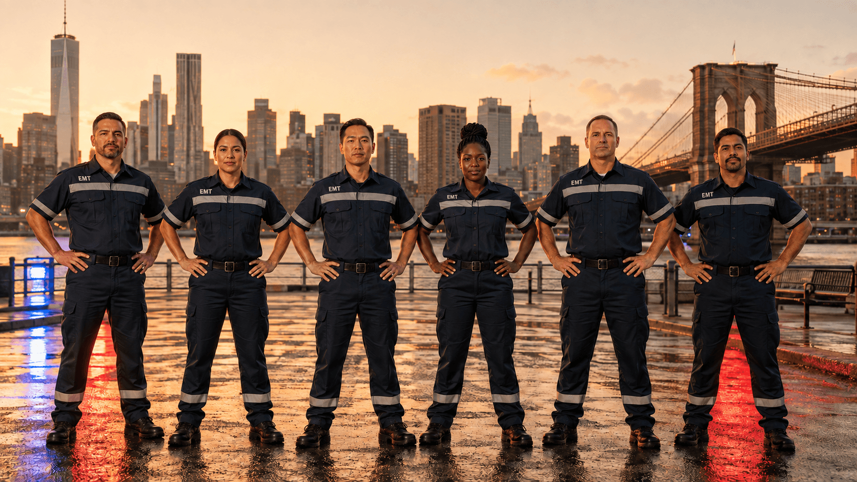 Six diverse EMS professionals standing together at golden hour with the Brooklyn Bridge and Manhattan skyline behind them